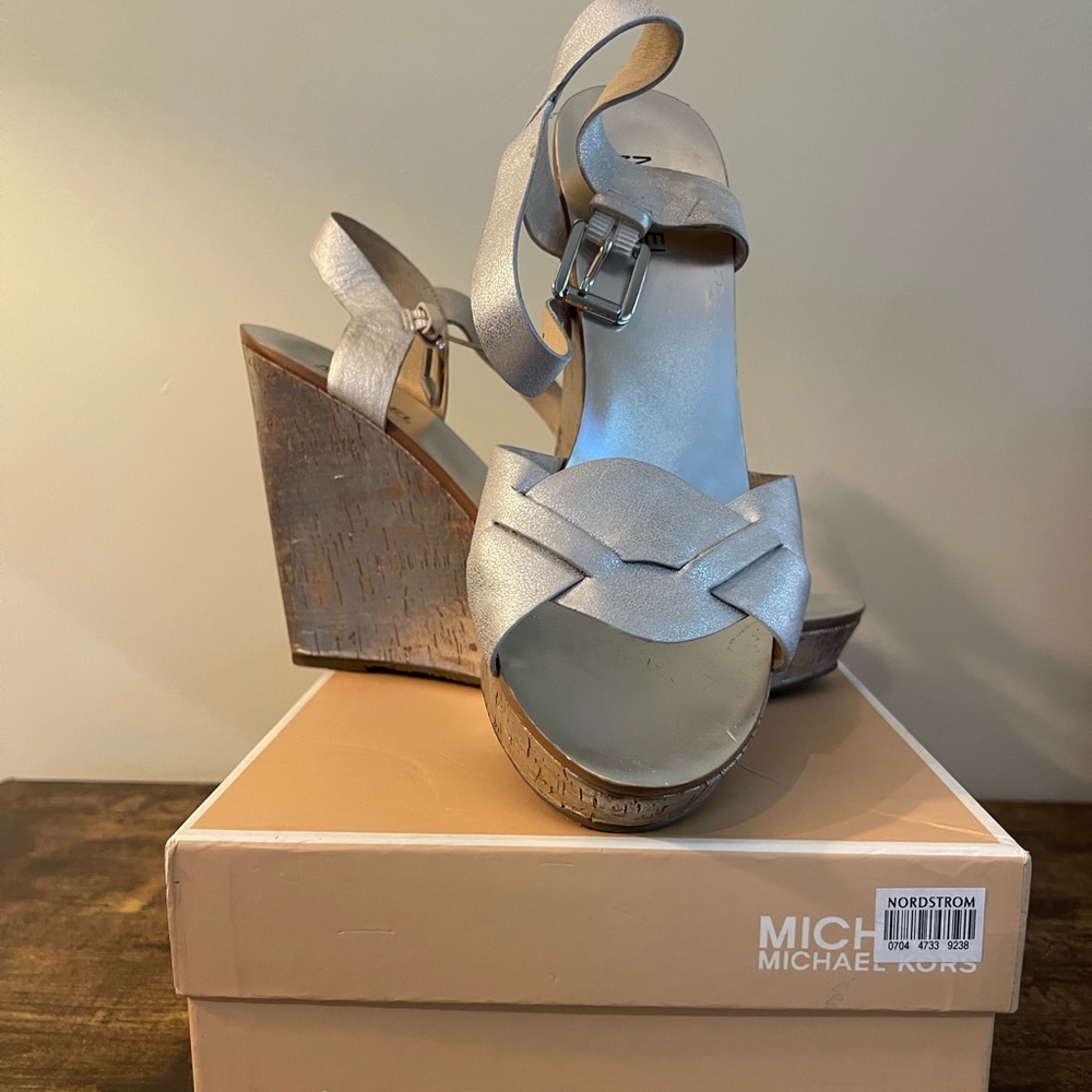 Michael Michael Kors summer sandals. Size 10, silver and cork. Worn 2x